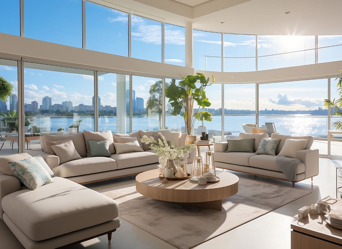 Personal Insurance - View Inside a Modern Luxury Living Room with Bright Light by the Coast